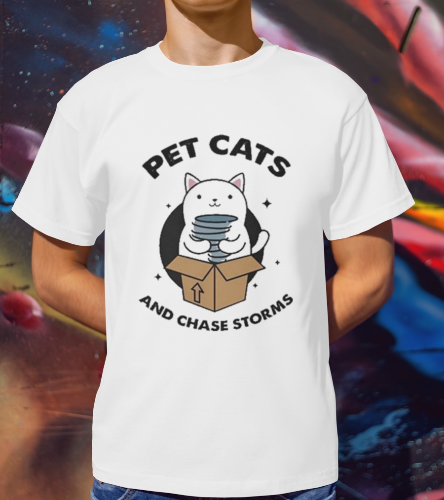 Helicity Pet Cats And Chase Storms Black Cat In Box Holding Tornado T-Shirt