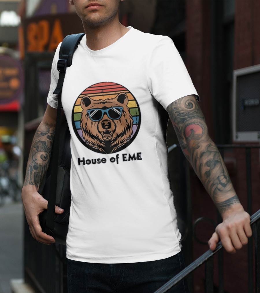 Migs Santillan House Of EME Bear Logo Sunglasses Rainbow Background T-Shirt