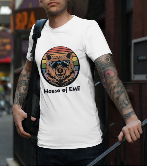Migs Santillan House Of EME Bear Logo Sunglasses Rainbow Background T-Shirt