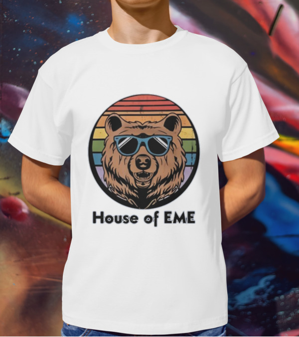 Migs Santillan House Of EME Bear Logo Sunglasses Rainbow Background T-Shirt