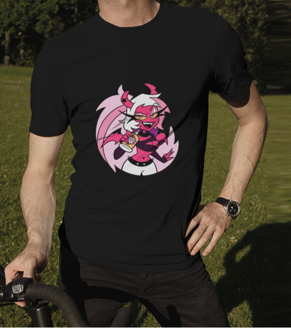 Party Verosika Enamel Pin Cartoon Demon Character With Drink T-Shirt