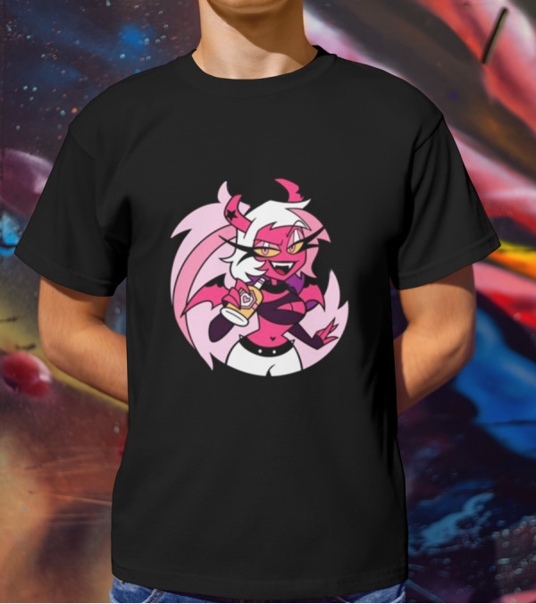 Party Verosika Enamel Pin Cartoon Demon Character With Drink T-Shirt
