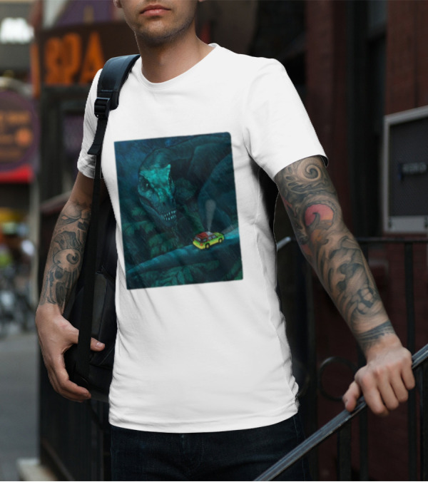 Jurassic Park T-Rex And SUV Night Scene Rainy Adventure T-Shirt