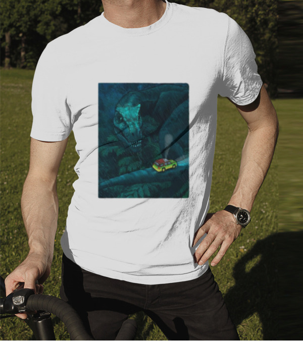 Jurassic Park T-Rex And SUV Night Scene Rainy Adventure T-Shirt