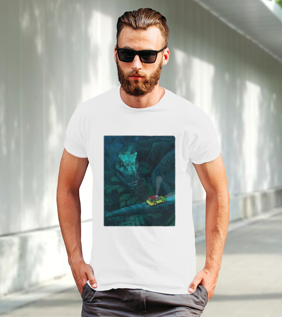 Jurassic Park T-Rex And SUV Night Scene Rainy Adventure T-Shirt