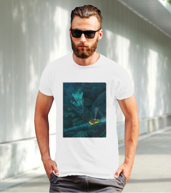 Jurassic Park T-Rex And SUV Night Scene Rainy Adventure T-Shirt