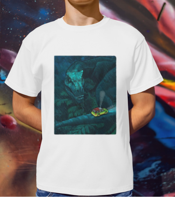 Jurassic Park T-Rex And SUV Night Scene Rainy Adventure T-Shirt