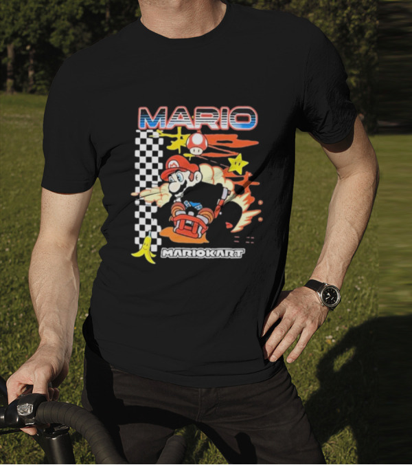 Mario Kart Racing Finish Line Checkered Flag Banana Stars T-Shirt