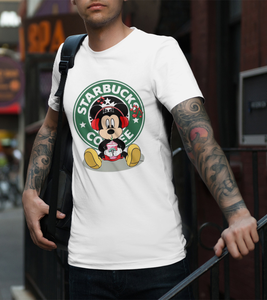 Mickey Mouse Listening To Music With Starbucks Coffee Cup T-Shirt