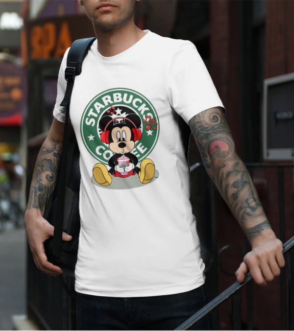 Mickey Mouse Listening To Music With Starbucks Coffee Cup T-Shirt