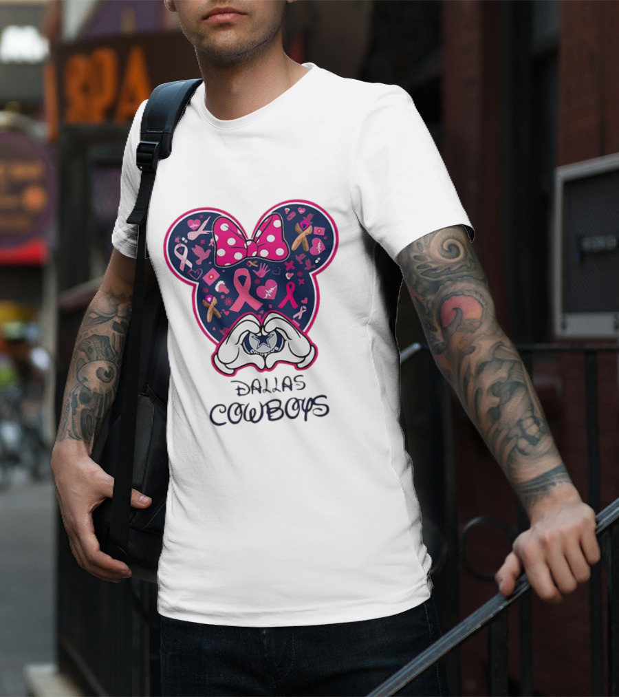 Minnie Mouse Pink Ribbon Heart Hands Dallas Cowboys Breast Cancer Awareness T-Shirt