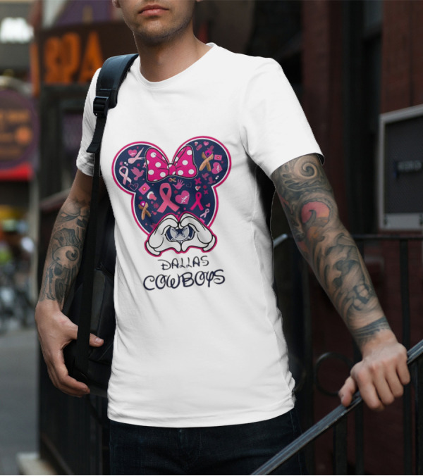 Minnie Mouse Pink Ribbon Heart Hands Dallas Cowboys Breast Cancer Awareness T-Shirt
