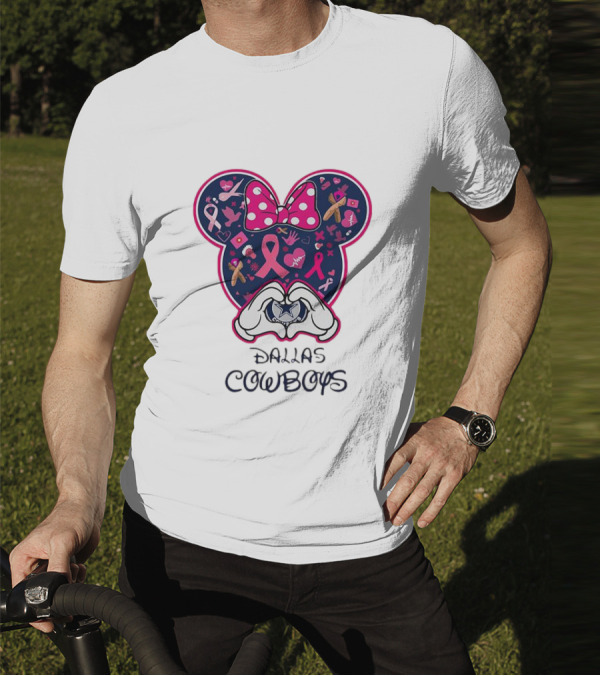 Minnie Mouse Pink Ribbon Heart Hands Dallas Cowboys Breast Cancer Awareness T-Shirt