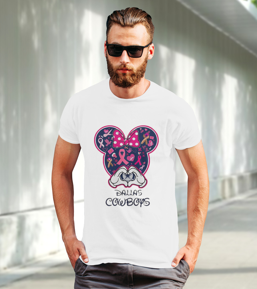 Minnie Mouse Pink Ribbon Heart Hands Dallas Cowboys Breast Cancer Awareness T-Shirt