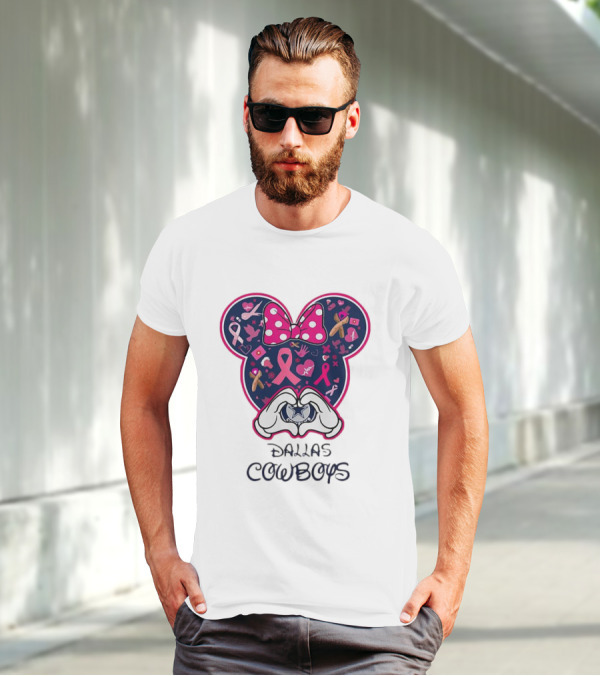 Minnie Mouse Pink Ribbon Heart Hands Dallas Cowboys Breast Cancer Awareness T-Shirt