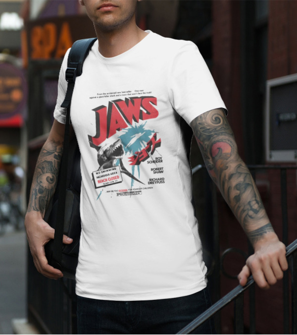 Jaws One Man Against A Giant Killer Shark Beach Closed Hazardous Area Roy Scheider Robert Shaw Richard Dreyfuss T-Shirt