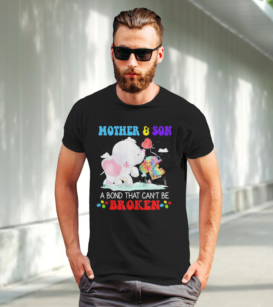 Mother And Son Elephants Autism Puzzle Heart A Bond That Can't Be Broken T-Shirt