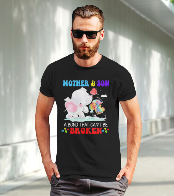 Mother And Son Elephants Autism Puzzle Heart A Bond That Can't Be Broken T-Shirt