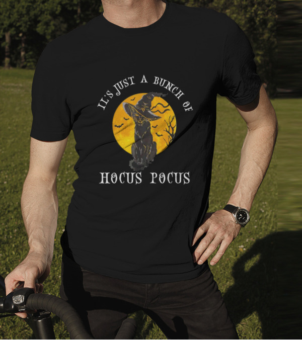 It's Just A Bunch Of Hocus Pocus Halloween Black Cat And Witch Hat With Full Moon T-Shirt