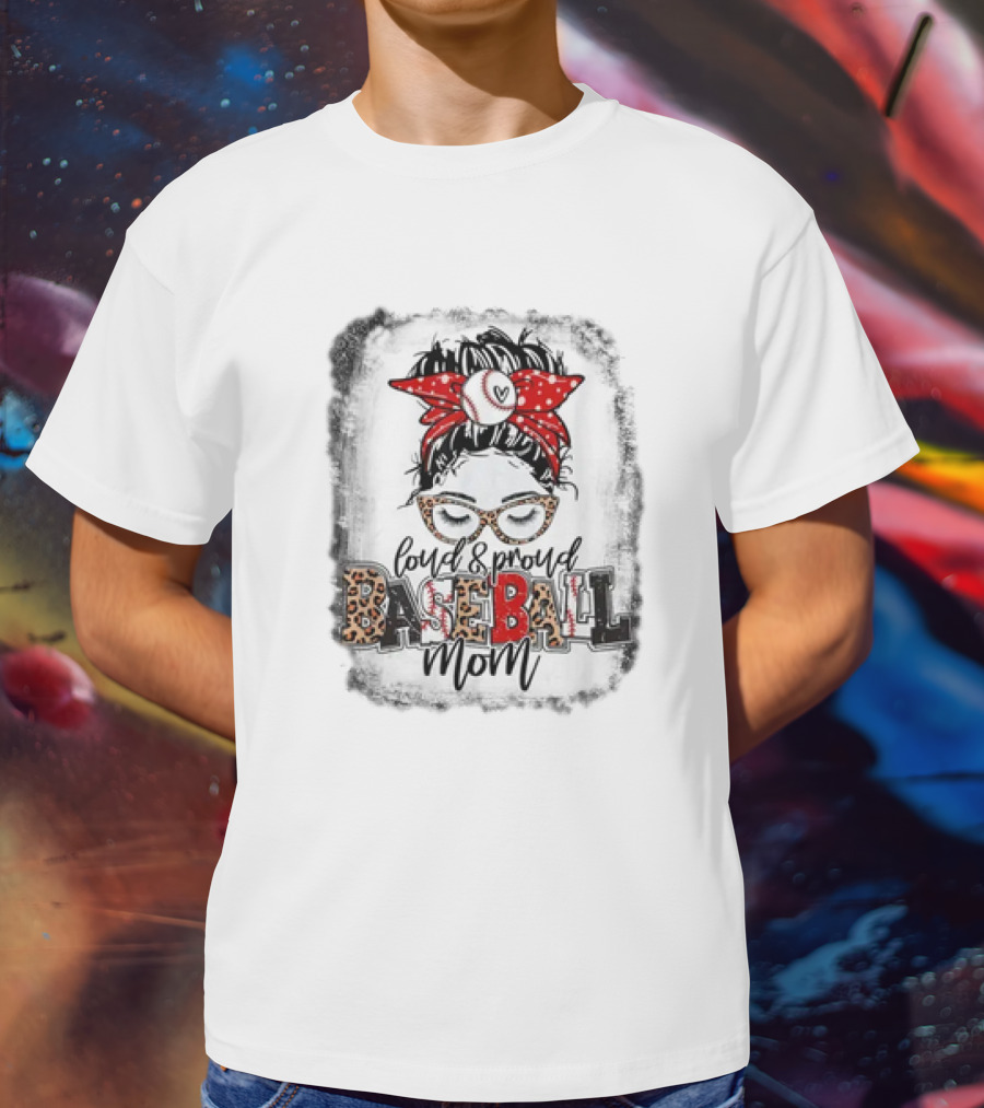 Loud Proud Baseball Mom Life Messy Bun Leopard Glasses Red Bandana T-Shirt