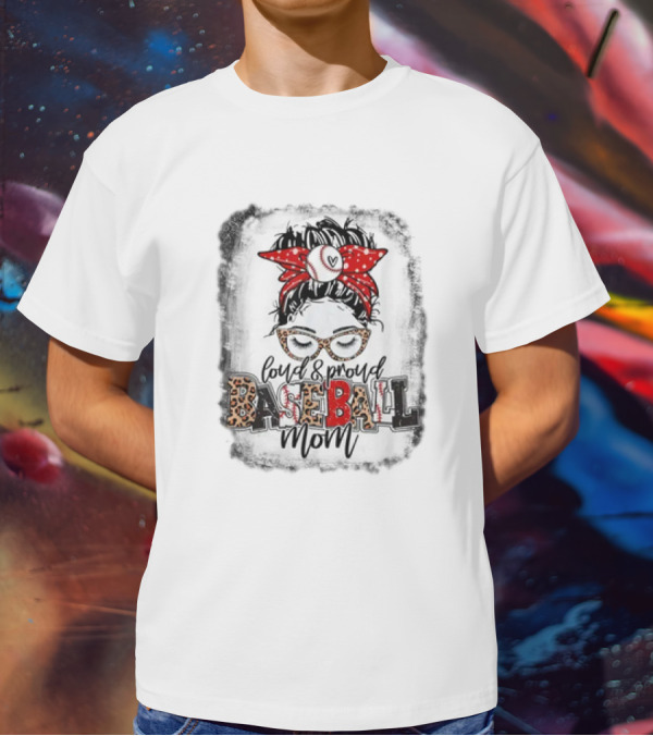 Loud Proud Baseball Mom Life Messy Bun Leopard Glasses Red Bandana T-Shirt
