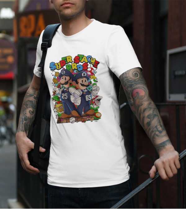 Super Stache Bros Numbers 25 And 65 Baseball Mario T-Shirt