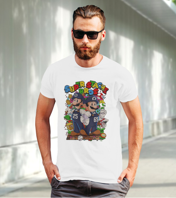 Super Stache Bros Numbers 25 And 65 Baseball Mario T-Shirt