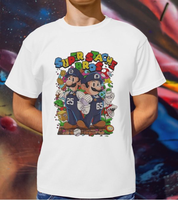 Super Stache Bros Numbers 25 And 65 Baseball Mario T-Shirt