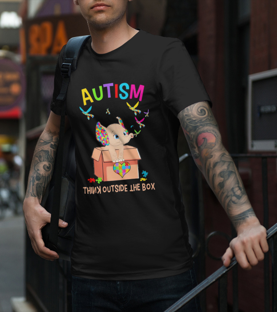 AUTISM Think Outside The Box Elephant With Puzzle Pieces And Butterflies T-Shirt