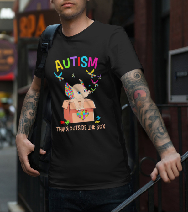 AUTISM Think Outside The Box Elephant With Puzzle Pieces And Butterflies T-Shirt