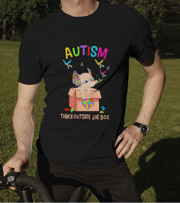 AUTISM Think Outside The Box Elephant With Puzzle Pieces And Butterflies T-Shirt