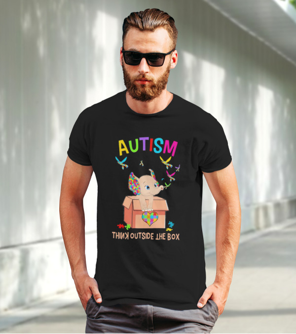 AUTISM Think Outside The Box Elephant With Puzzle Pieces And Butterflies T-Shirt