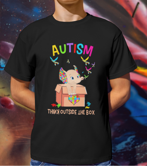AUTISM Think Outside The Box Elephant With Puzzle Pieces And Butterflies T-Shirt