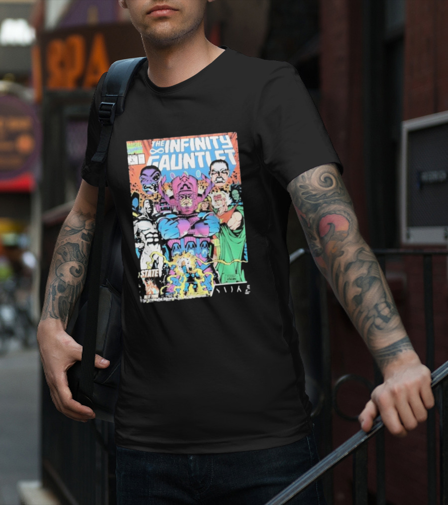 The Infinity Gauntlet Marvel Comics Cover Featuring Iconic Characters Galactus And Artistry T-Shirt