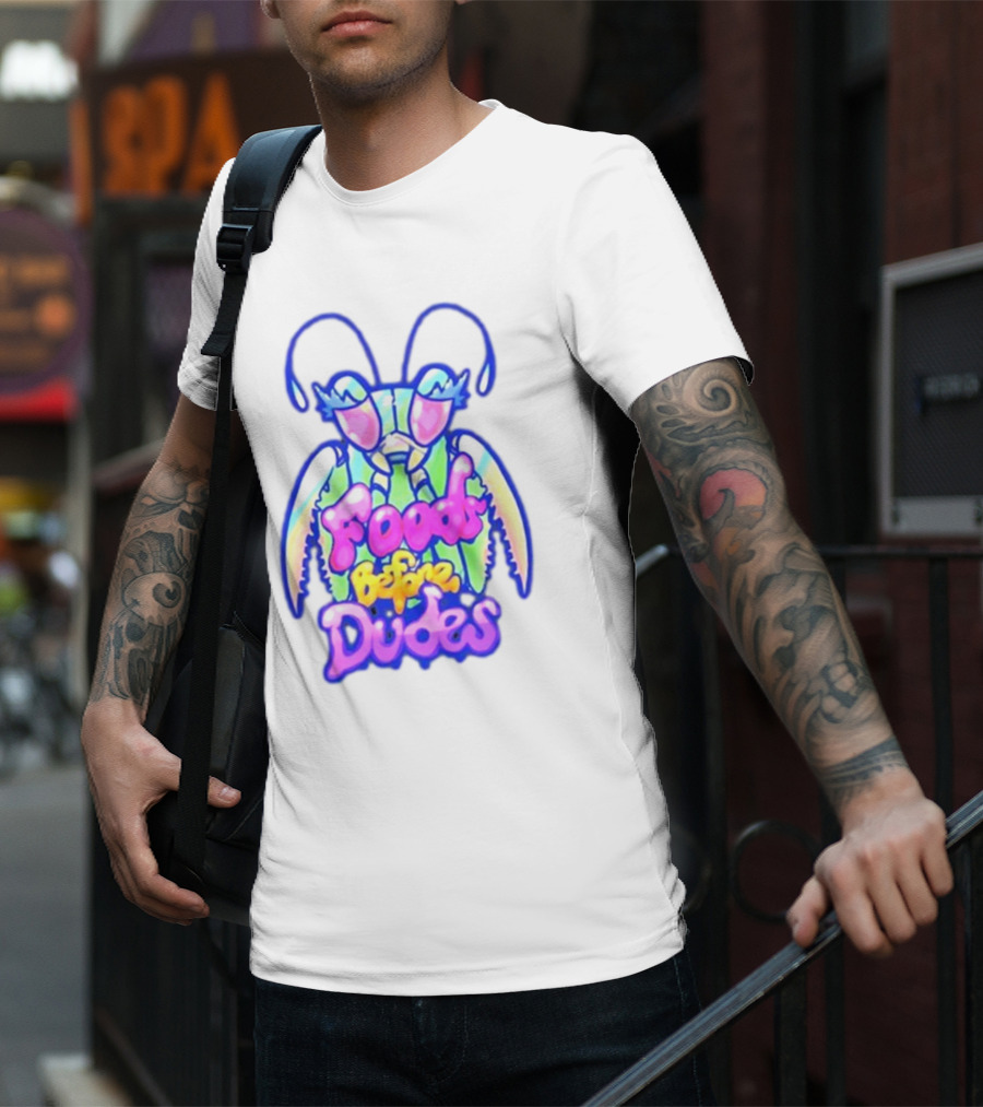 Mantis Neon Foods Before Dudes Colorful Insect Motif T-Shirt