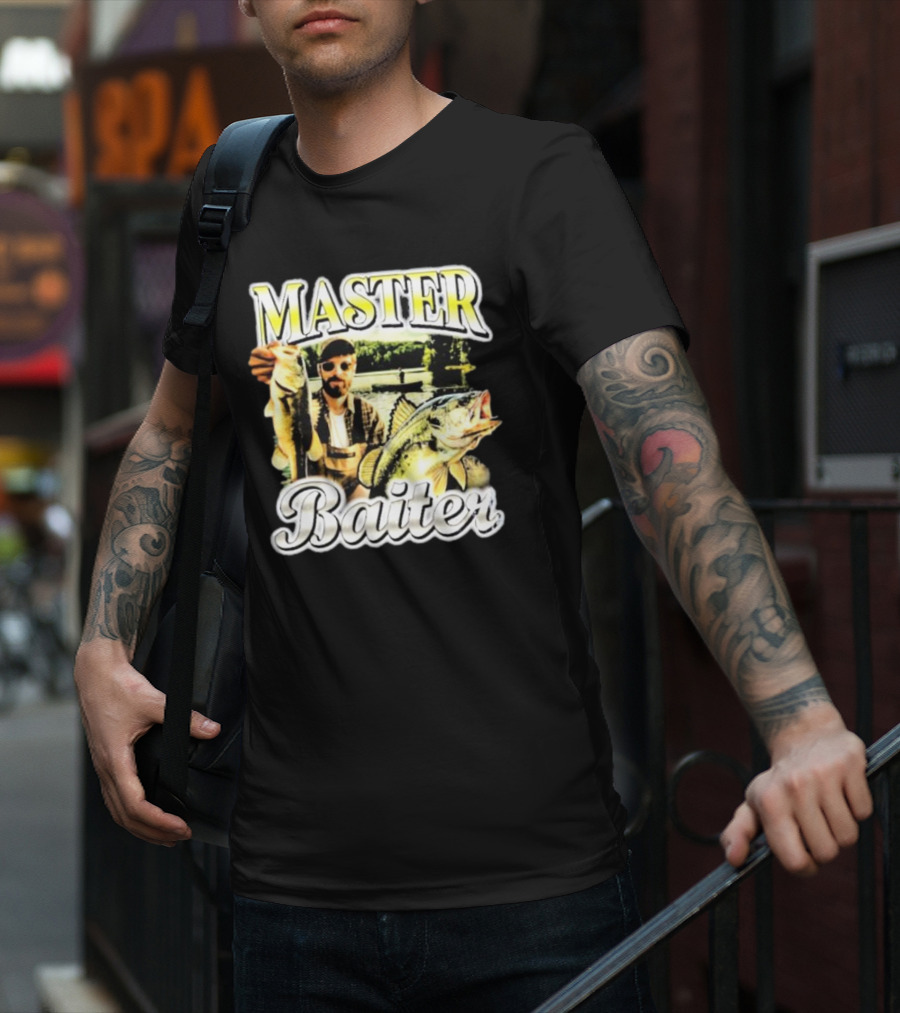 MASTER BAITER Fisherman Holding Fish In Lake Scene T-Shirt