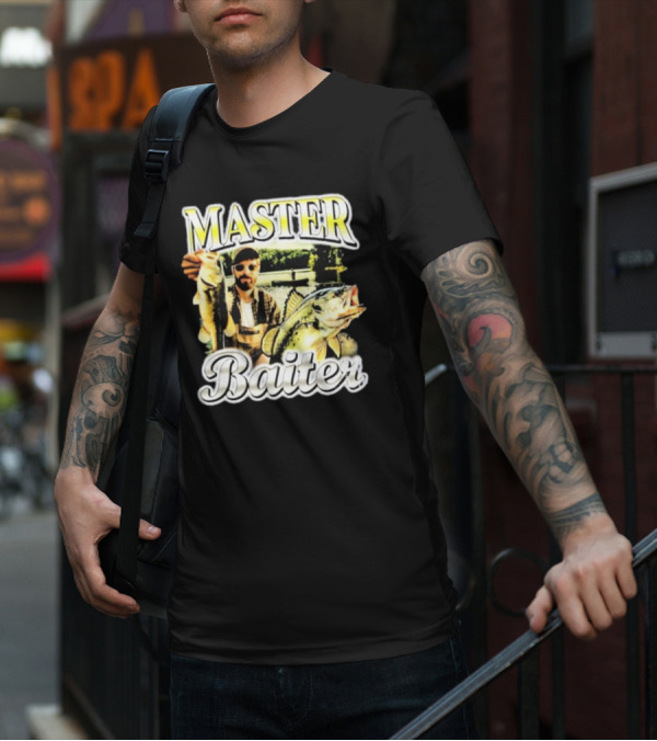 MASTER BAITER Fisherman Holding Fish In Lake Scene T-Shirt