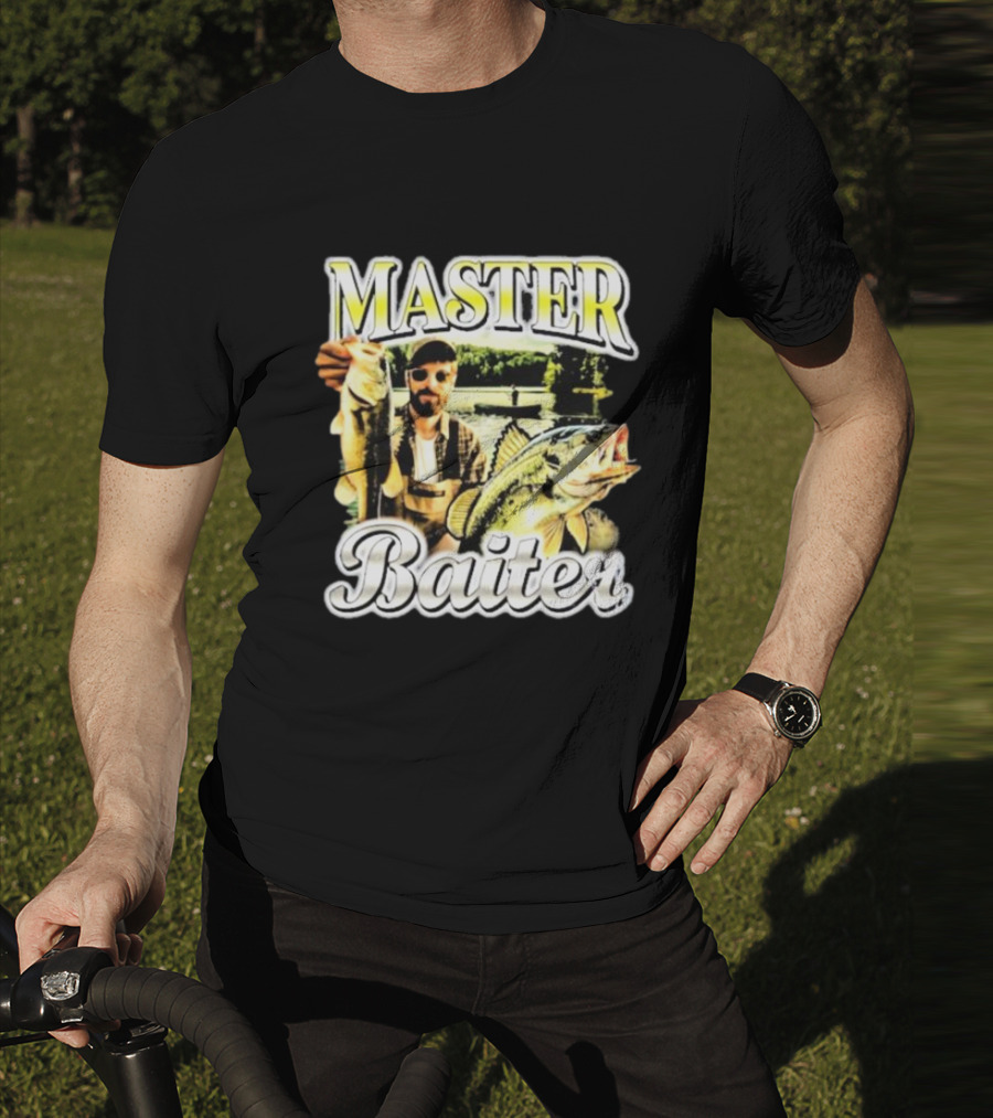 MASTER BAITER Fisherman Holding Fish In Lake Scene T-Shirt