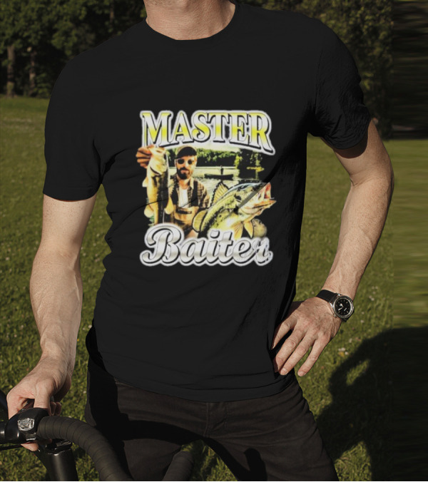 MASTER BAITER Fisherman Holding Fish In Lake Scene T-Shirt