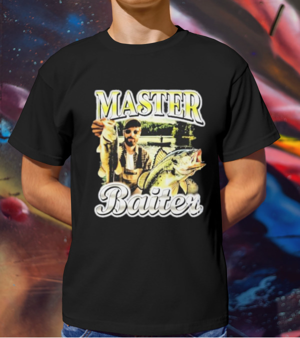 MASTER BAITER Fisherman Holding Fish In Lake Scene T-Shirt