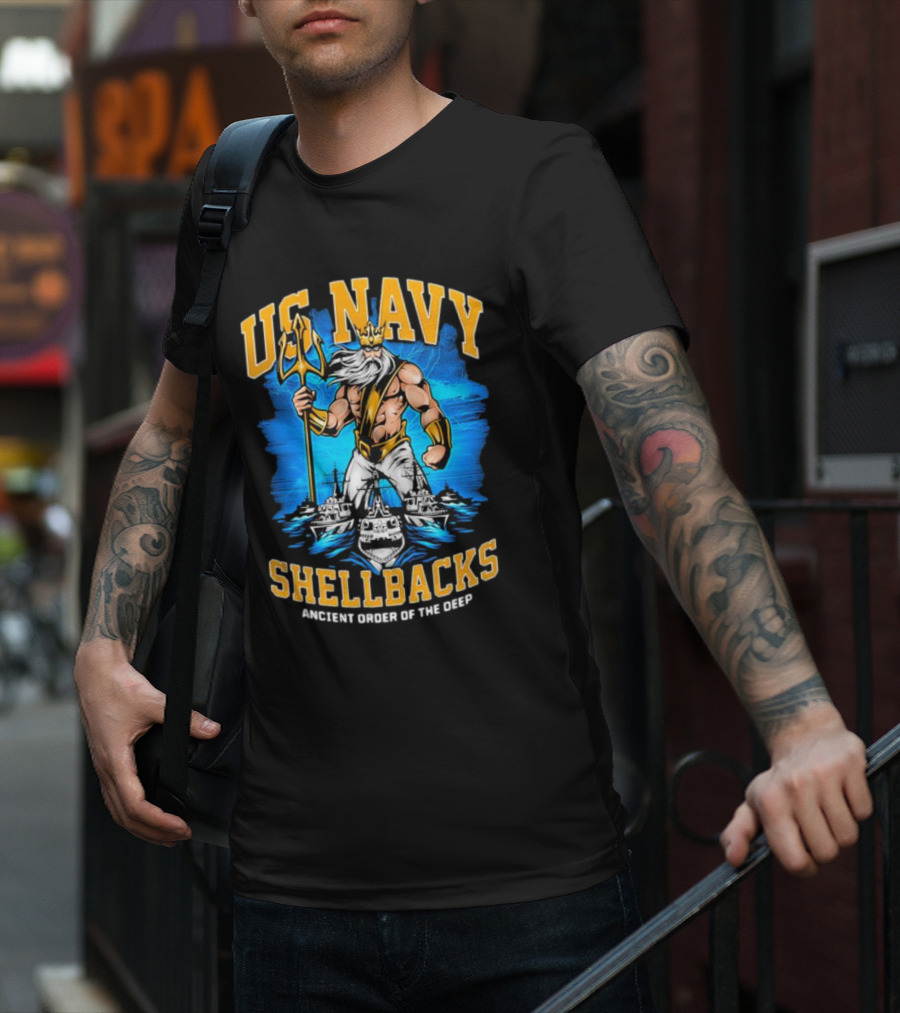 US Navy Shellbacks Poseidon Ancient Order Of The Deep With Battleship T-Shirt