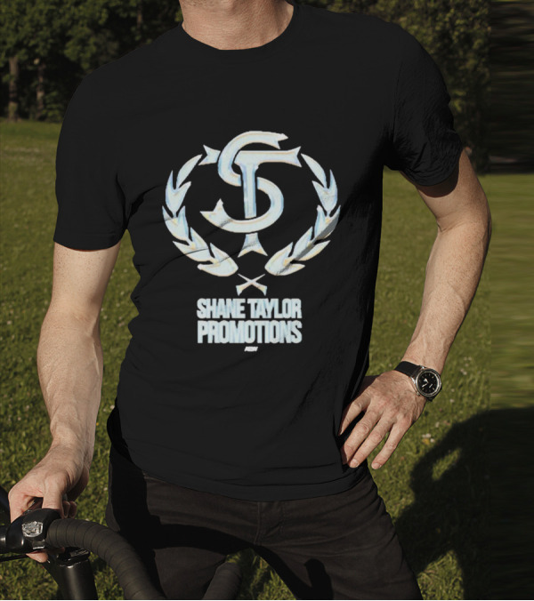 Shane Taylor Promotions ST Logo With Wreath Symbol Above AEW Text T-Shirt