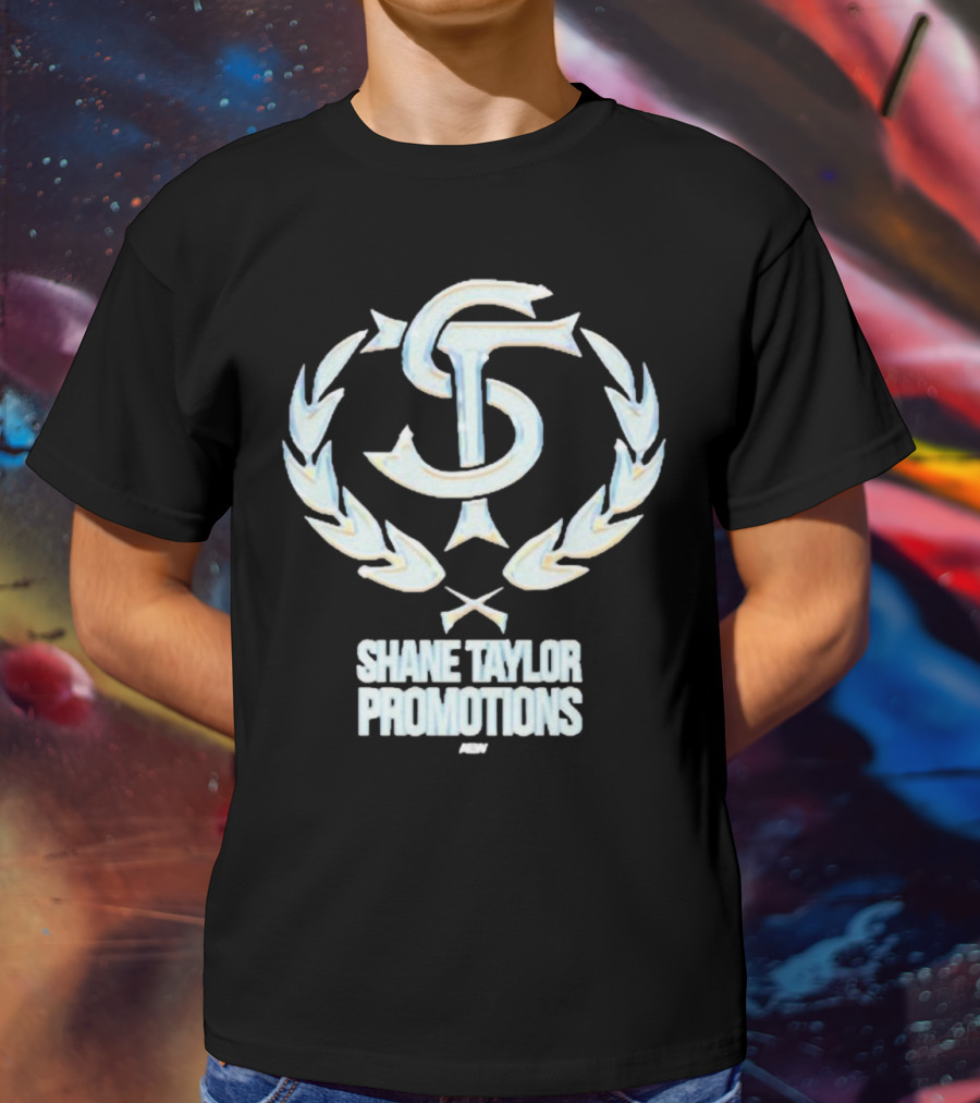 Shane Taylor Promotions ST Logo With Wreath Symbol Above AEW Text T-Shirt