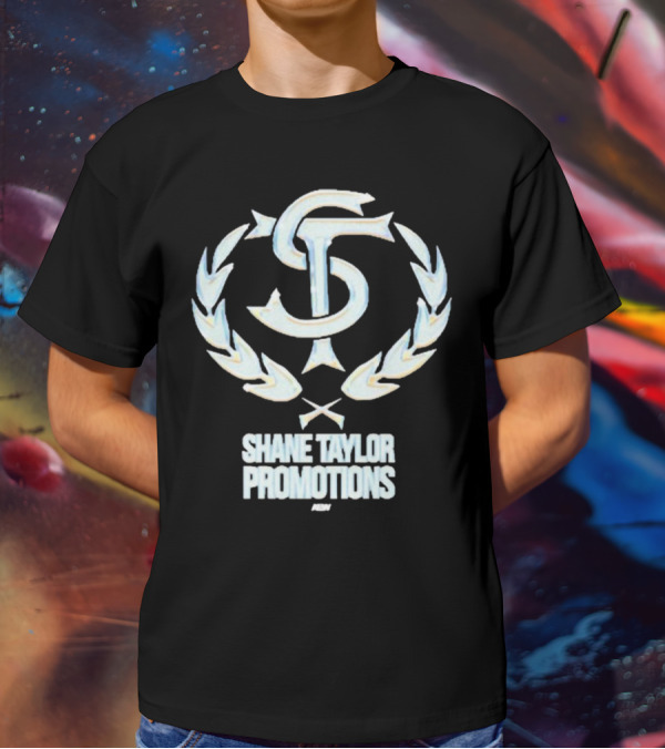 Shane Taylor Promotions ST Logo With Wreath Symbol Above AEW Text T-Shirt