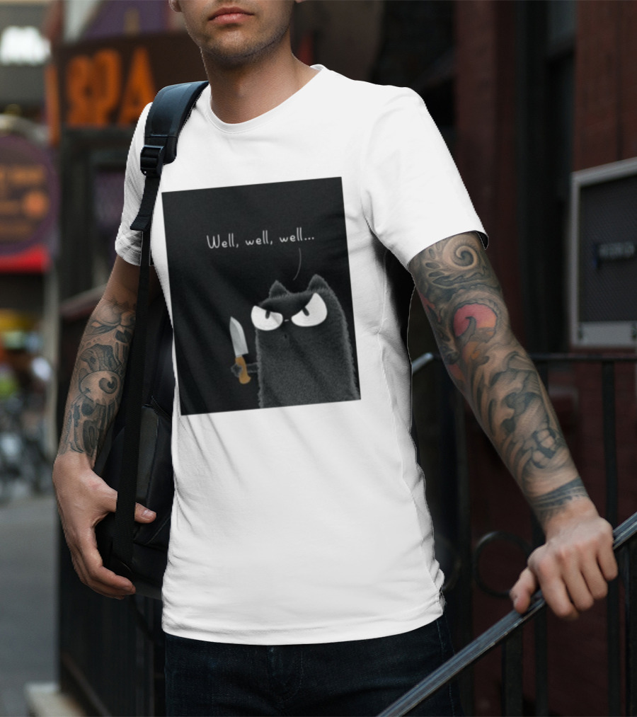 Well Well Well Purrinink Black Cat Knife Humor T-Shirt