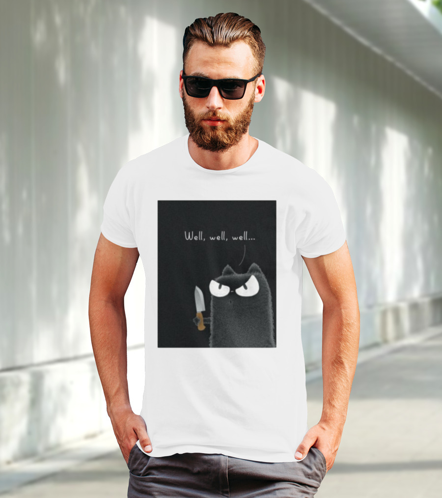 Well Well Well Purrinink Black Cat Knife Humor T-Shirt