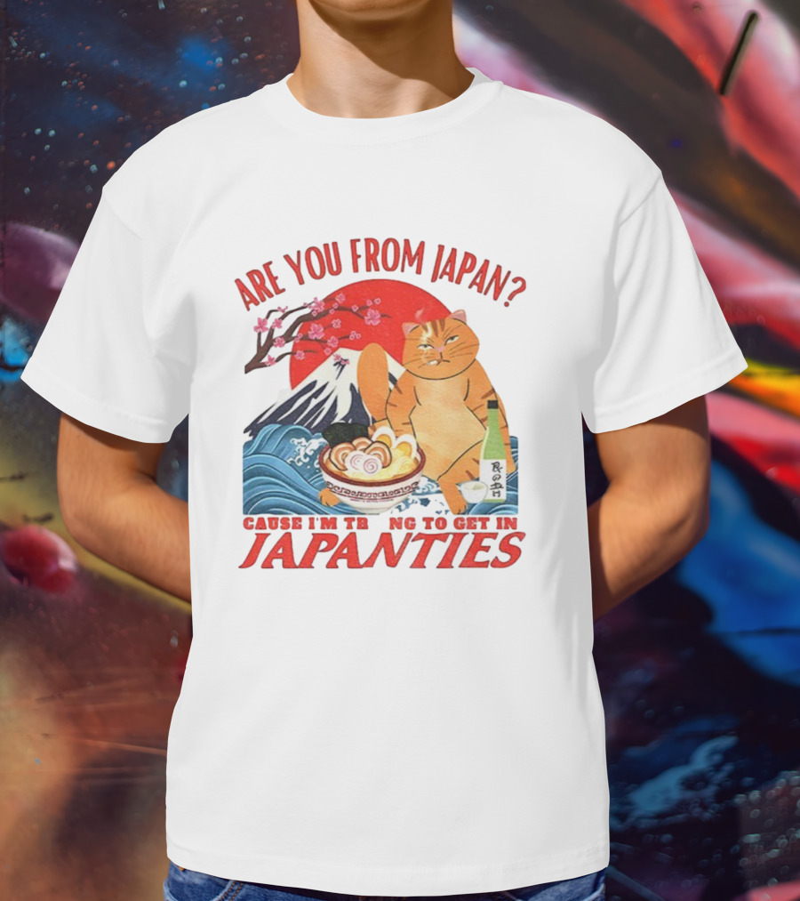 Are You From Japan Funny Cat Japanties Sushi Mt. Fuji Background T-Shirt