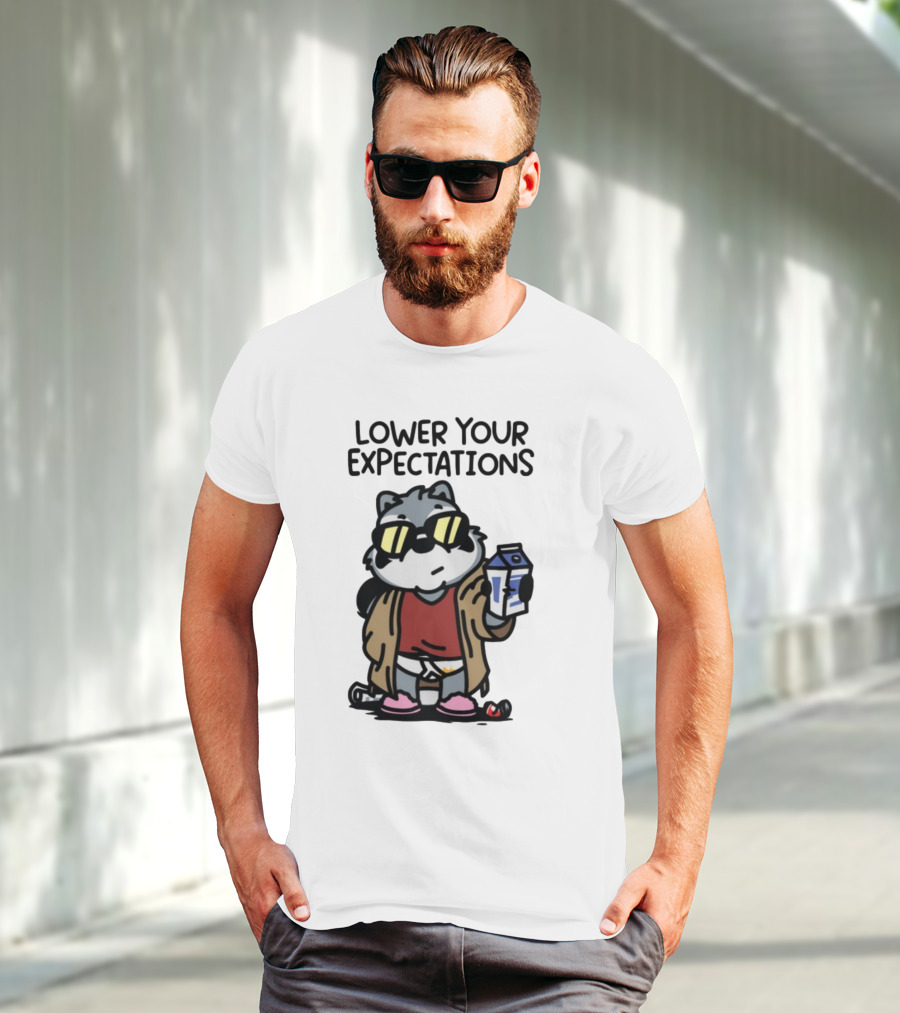 Lower Your Expectations Cartoon Character With Sunglasses And Milk Carton T-Shirt