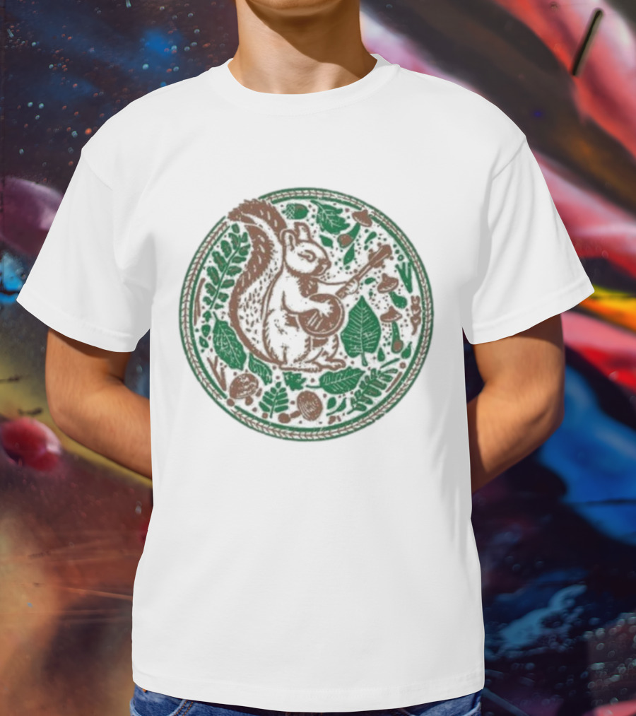 Squirrel Playing Banjo Nature Acorns Leaves Mushrooms T-Shirt