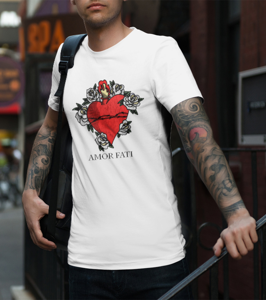 Amor Fati Sacred Heart Barbed Wire Roses Flame T-Shirt